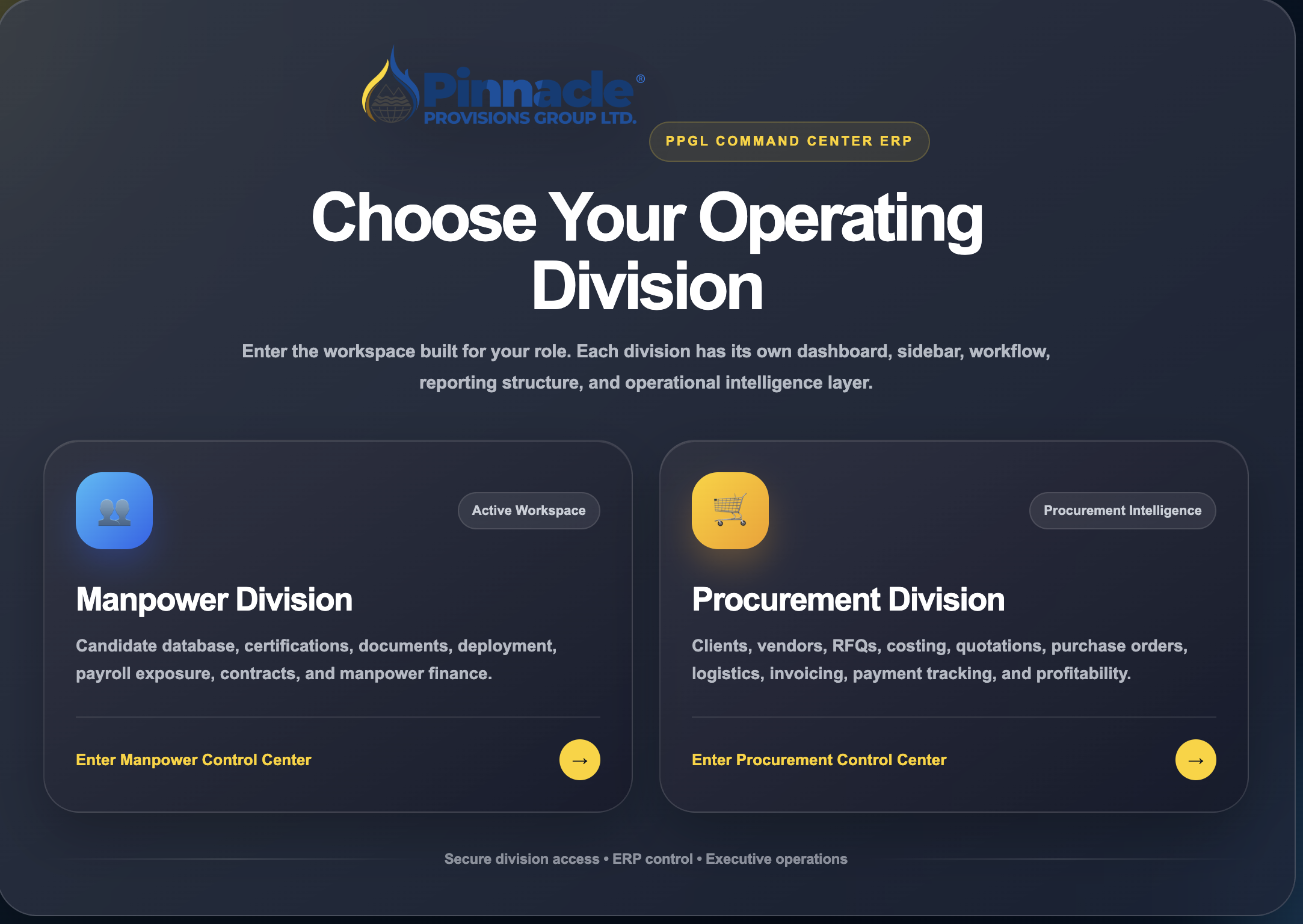 PPGL ERP division overview dashboard